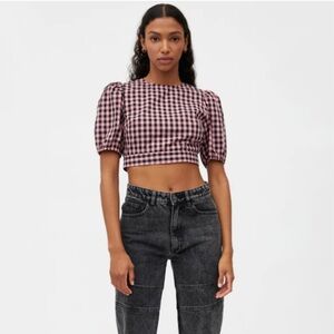 WILD PONY GOSSIP‎ GIRL PINK GINGHAM CROP TOP PUFF SLEEVES OPEN BACK W/ BOW EUC